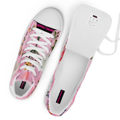 Women's high-top canvas shoes in pink with Marshmallow Friends Joy Experiment branding, featuring white accents and a stylish design.