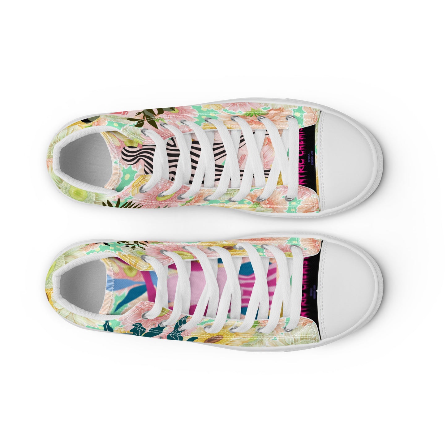 White women's high-top canvas shoes with botanical goddess design from Eccentric Chemistry's Bloom-Core HT-4.0 Reactor Unit collection.