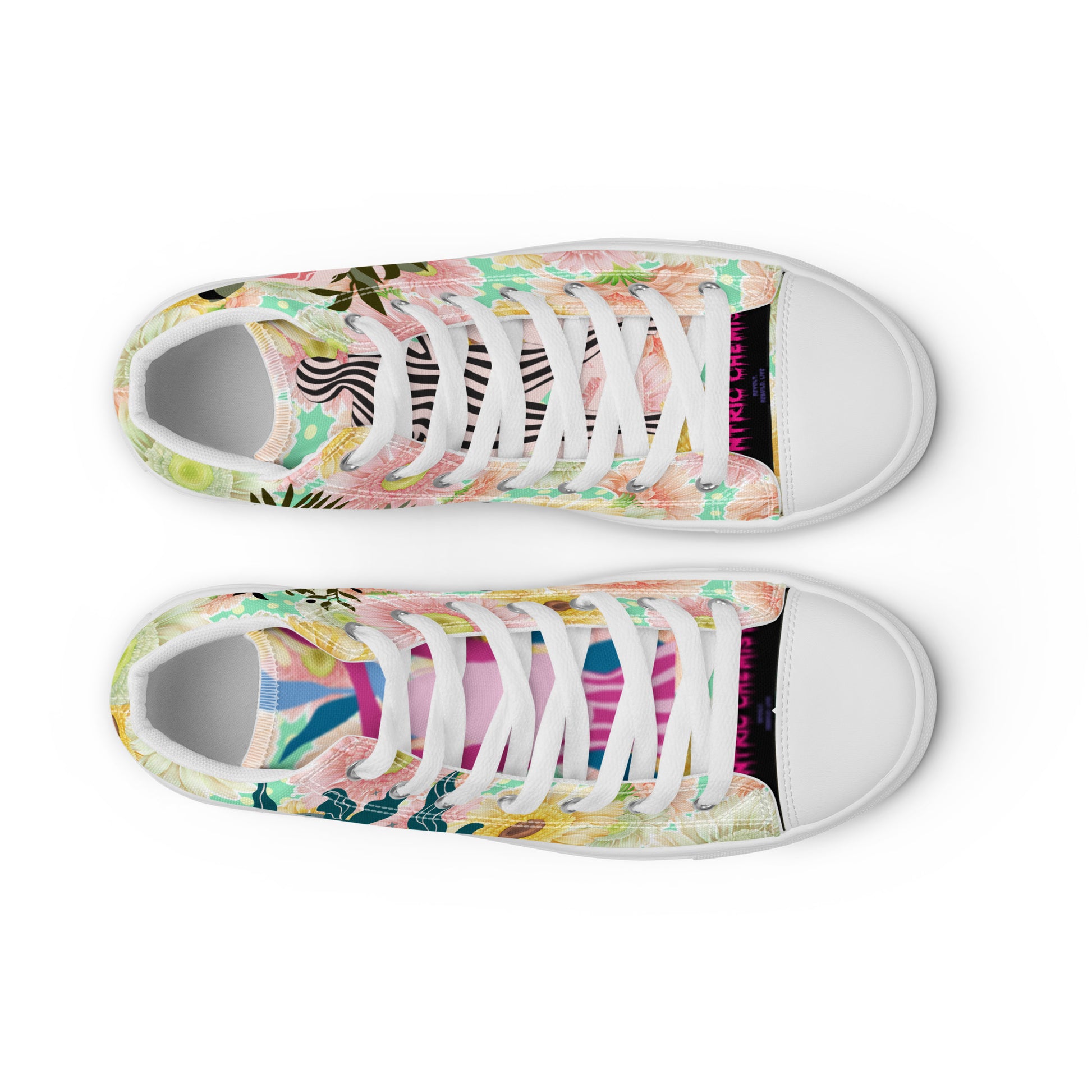 White women's high-top canvas shoes with botanical goddess design from Eccentric Chemistry's Bloom-Core HT-4.0 Reactor Unit collection.