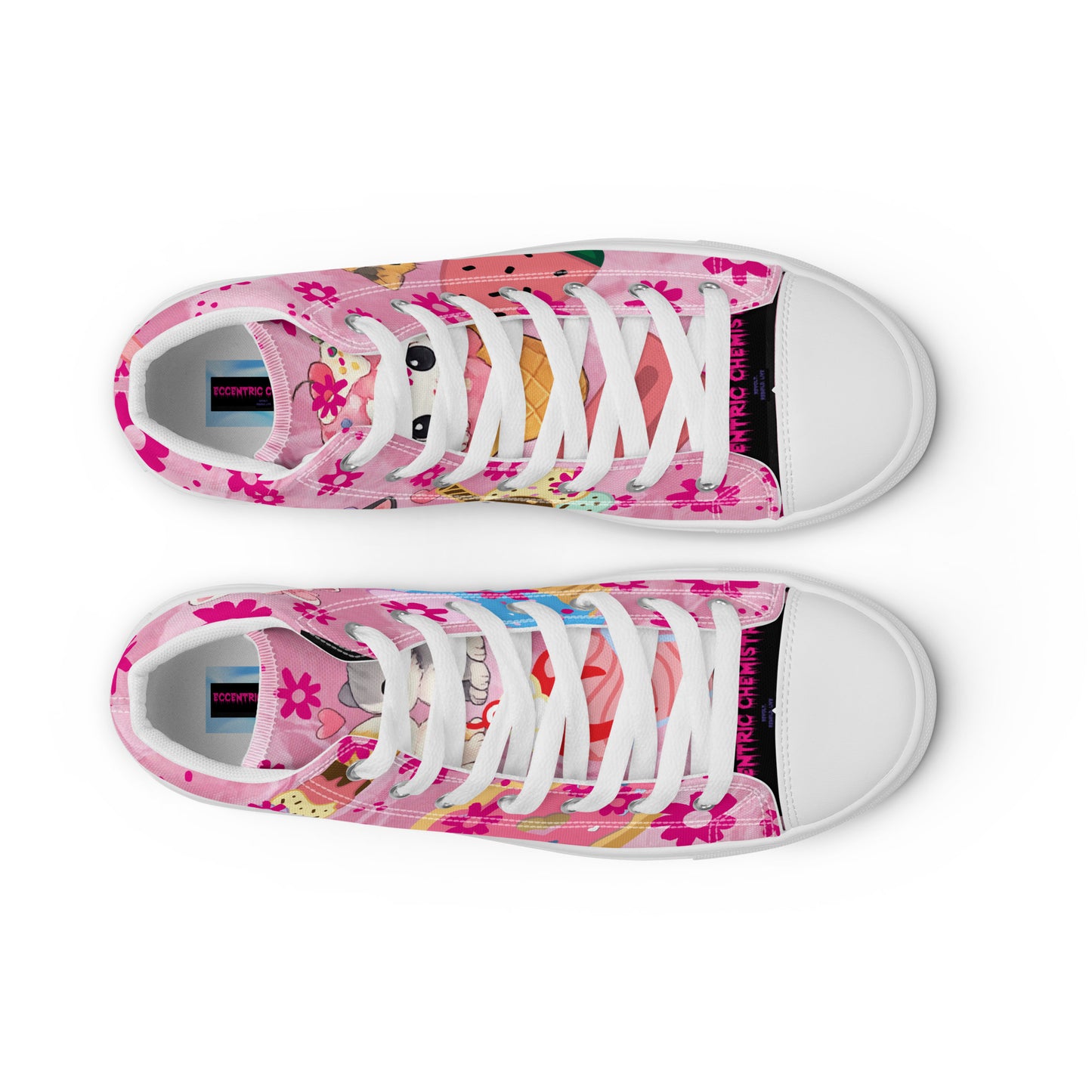 White women's high-top canvas shoes featuring a cute kitty design from Eccentric Chemistry's Sweet Treat collection.