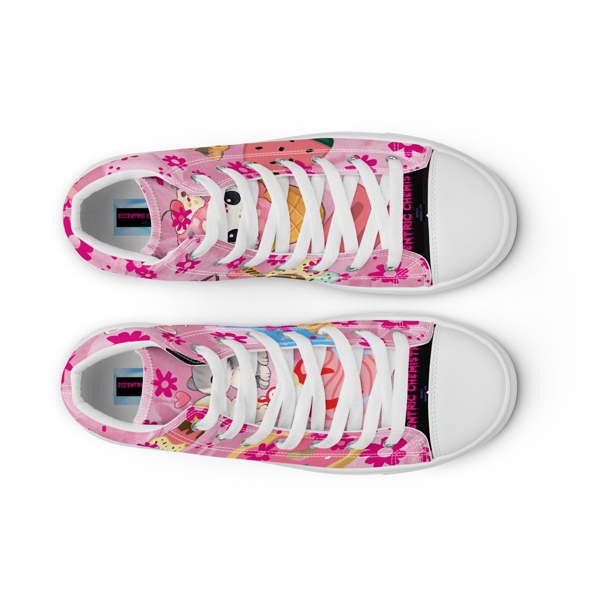 White women's high-top canvas shoes featuring a cute kitty design from Eccentric Chemistry's Sweet Treat collection.