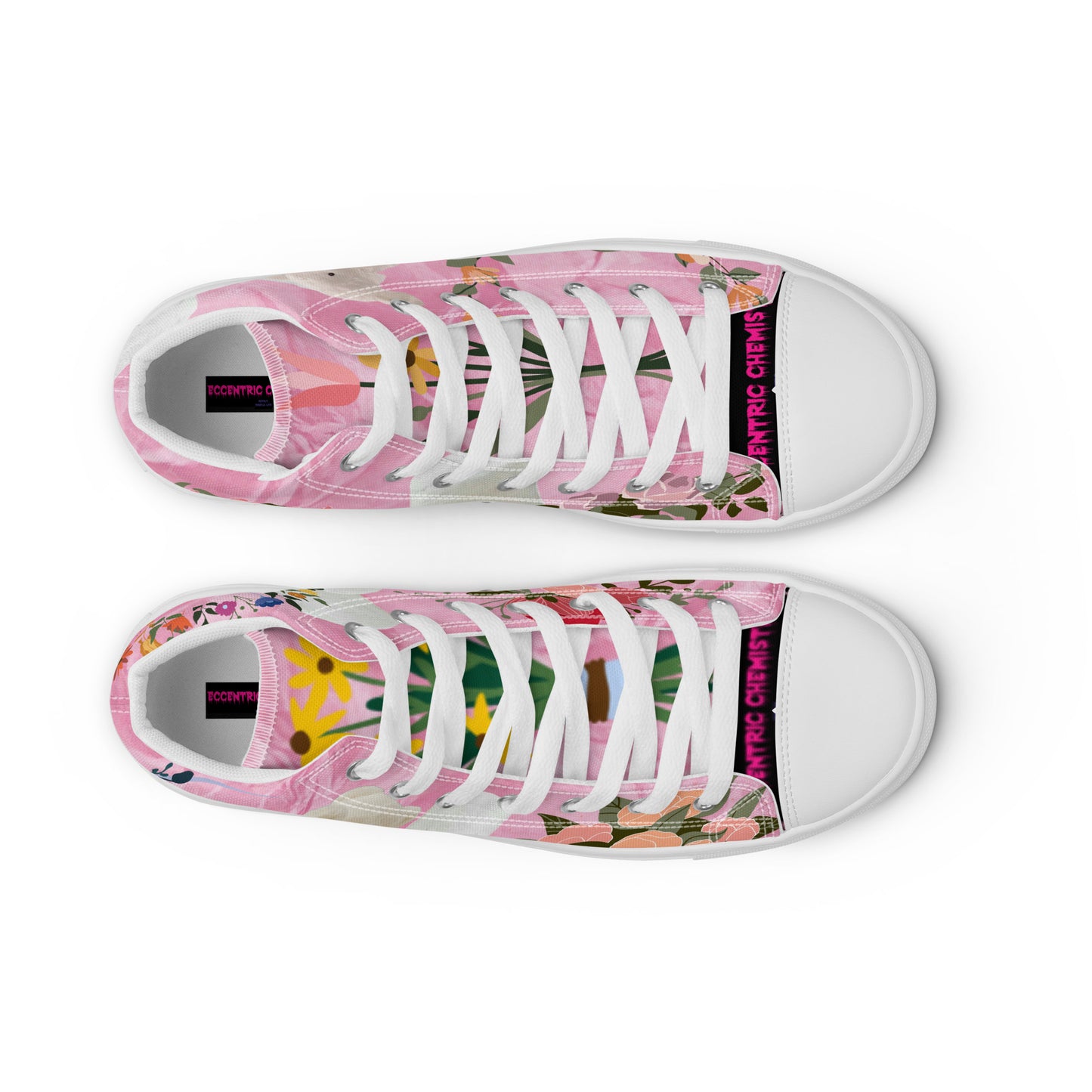 Women's high-top canvas shoes in white with pink "Marshmallow Friends" design from Eccentric Chemistry's Tiny Shop of T-Shirt Horrors.