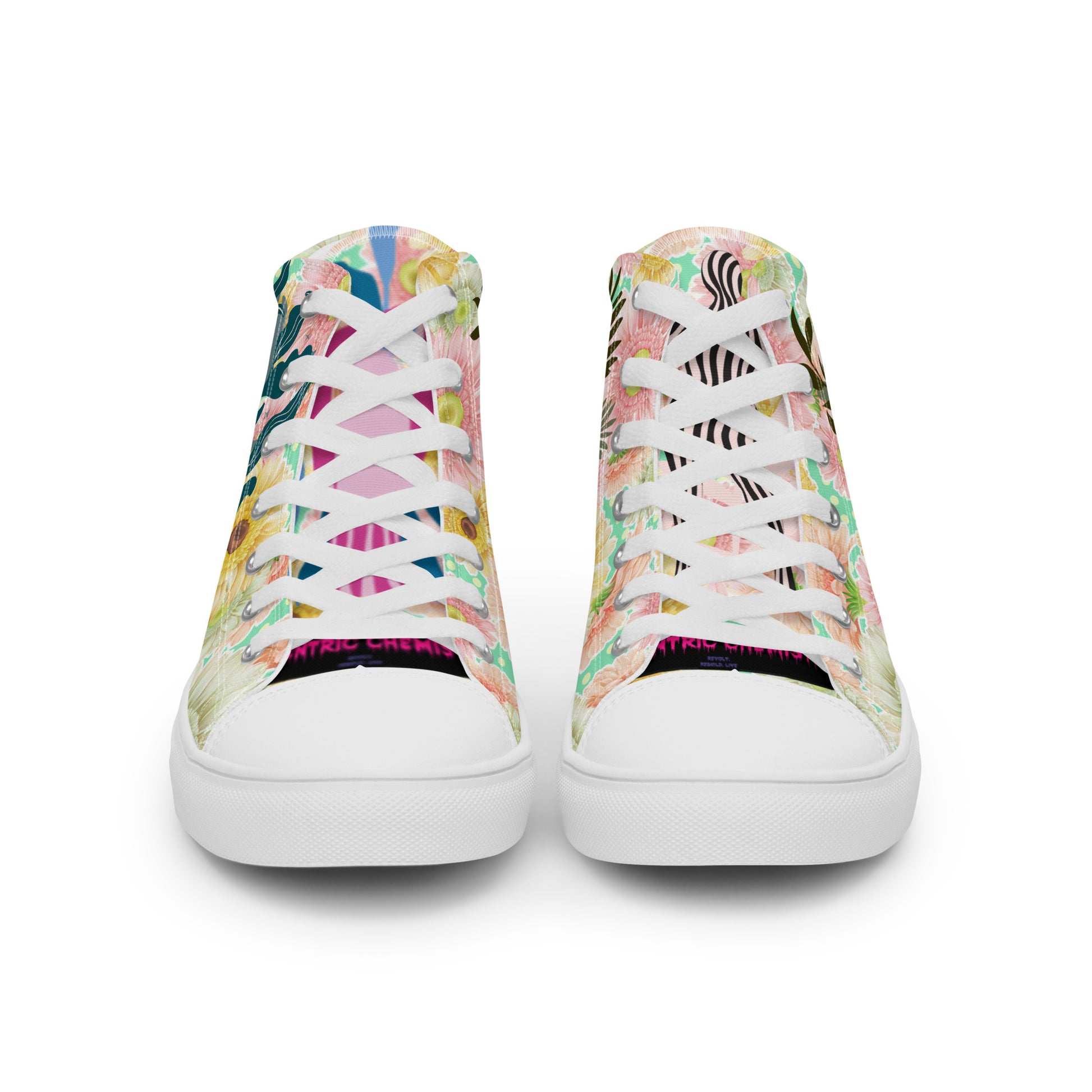 White women's high-top canvas shoes from Eccentric Chemistry's Botanical Goddess Reactor Unit HT‑4.0 Bloom‑Core collection.