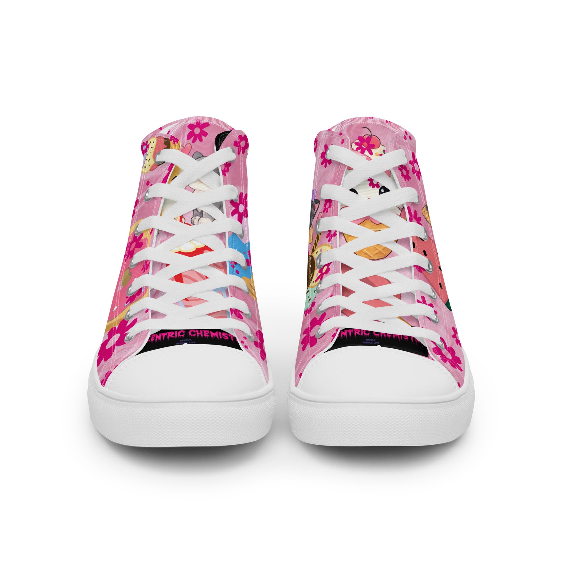 White women's high-top canvas shoes featuring a sweet treat kitty design from Eccentric Chemistry's Tiny Shop of T-Shirt Horrors.