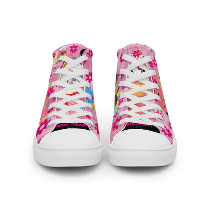 White women's high-top canvas shoes featuring a sweet treat kitty design from Eccentric Chemistry's Tiny Shop of T-Shirt Horrors.