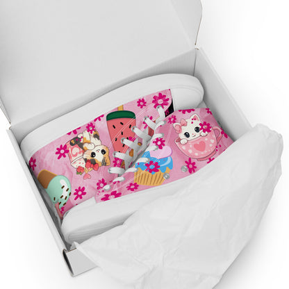 White women's high-top canvas shoes featuring a sweet treat kitty design from Eccentric Chemistry's Tiny Shop of T-Shirt Horrors.