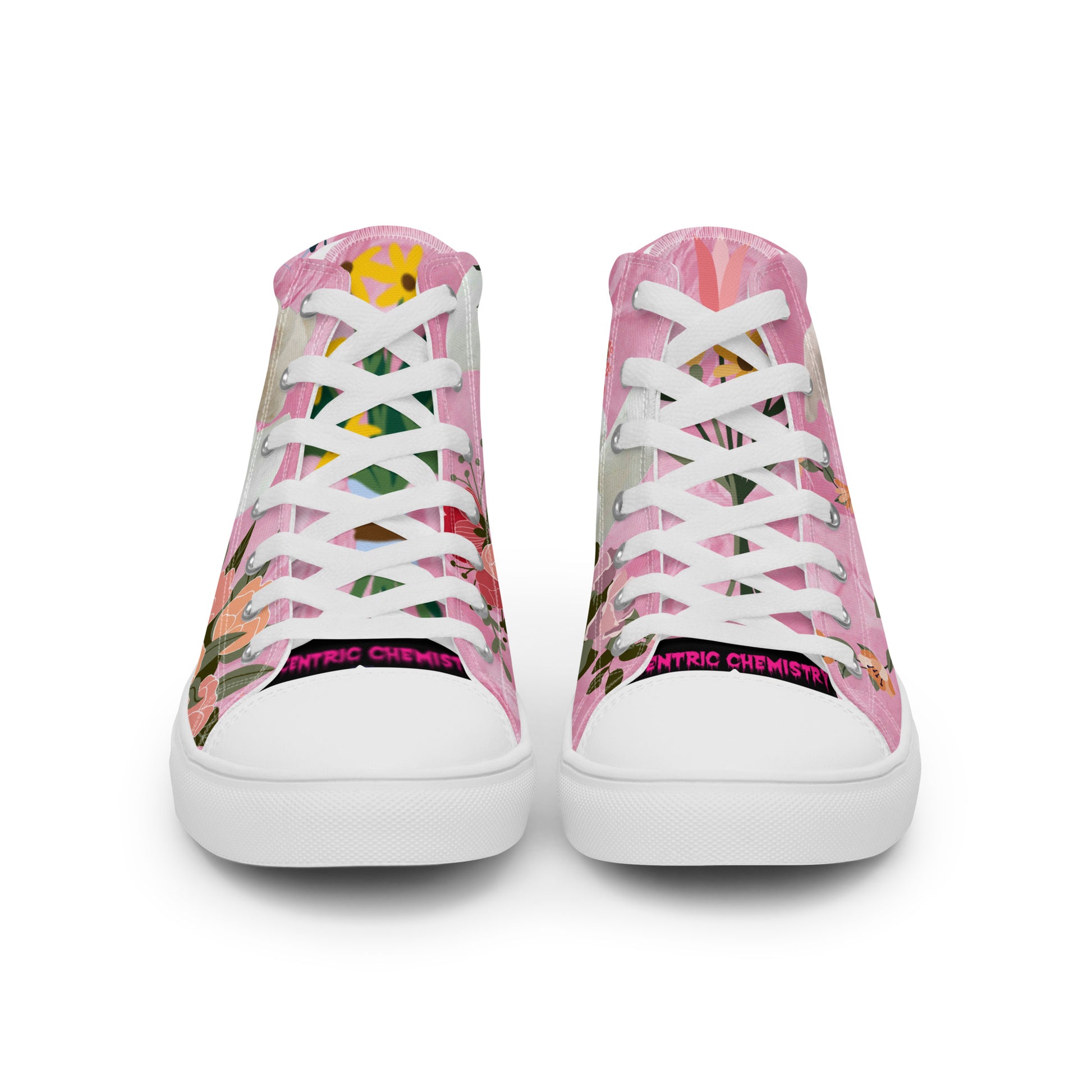 Women’s high-top canvas shoes in white with pink accents featuring Marshmallow Friends Joy Experiment design by Eccentric Chemistry.