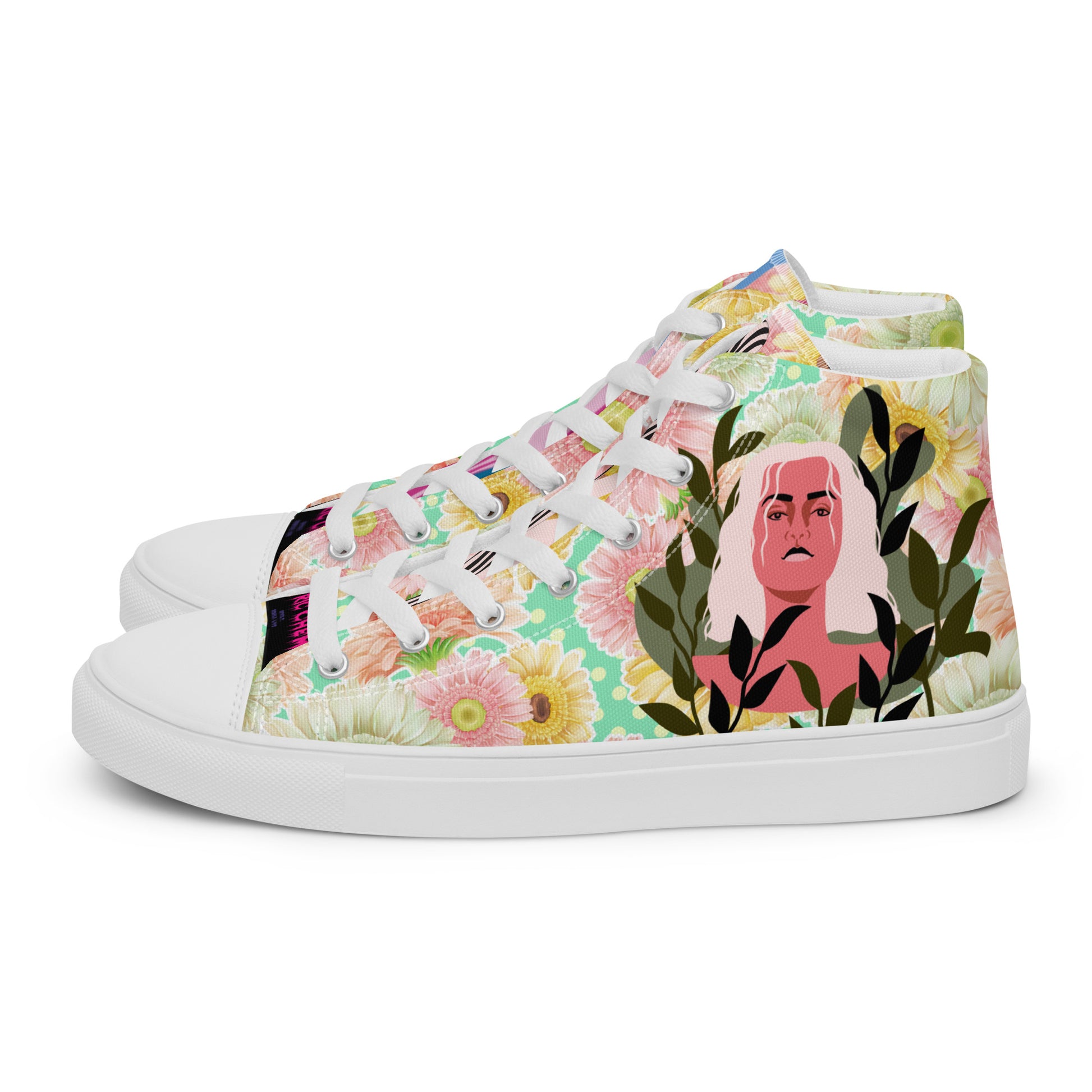 White women's high-top canvas shoes from Eccentric Chemistry's Botanical Goddess Reactor HT‑4.0 Bloom-Core collection, left shoe.