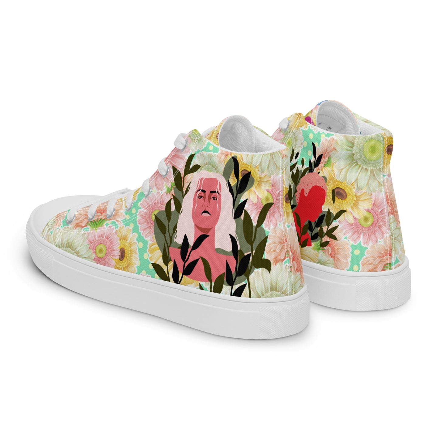 White high-top canvas shoes from Eccentric Chemistry's Botanical Goddess Reactor Unit HT-4.0 Bloom-Core collection, viewed from the back left.