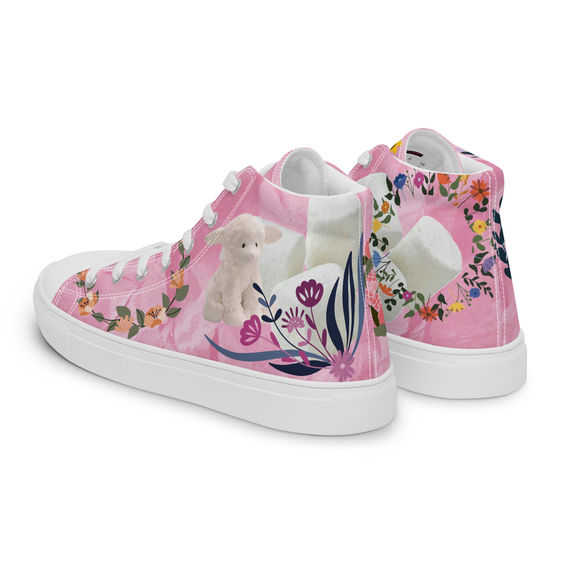 Women’s high-top canvas shoes in white with pink accents, featuring Marshmallow Friends and Joy Experiment designs.