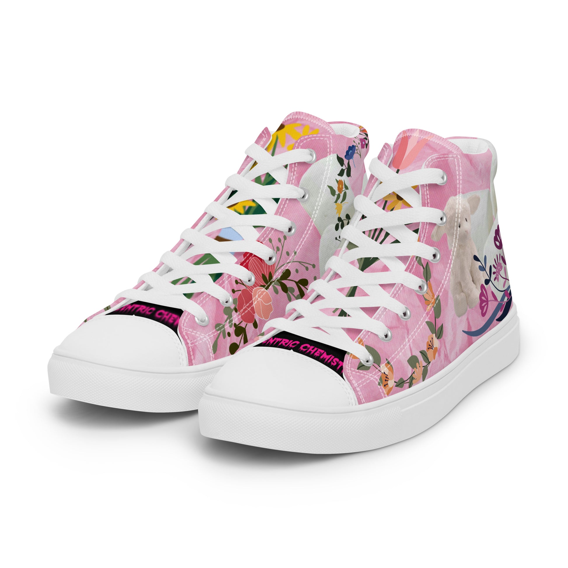 Women's high-top canvas shoes in pink with Marshmallow Friends design by Eccentric Chemistry, shown from front left angle.