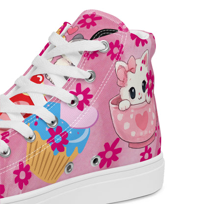 White women's high-top canvas shoes featuring a playful kitty design from Eccentric Chemistry's Sweet Treat collection