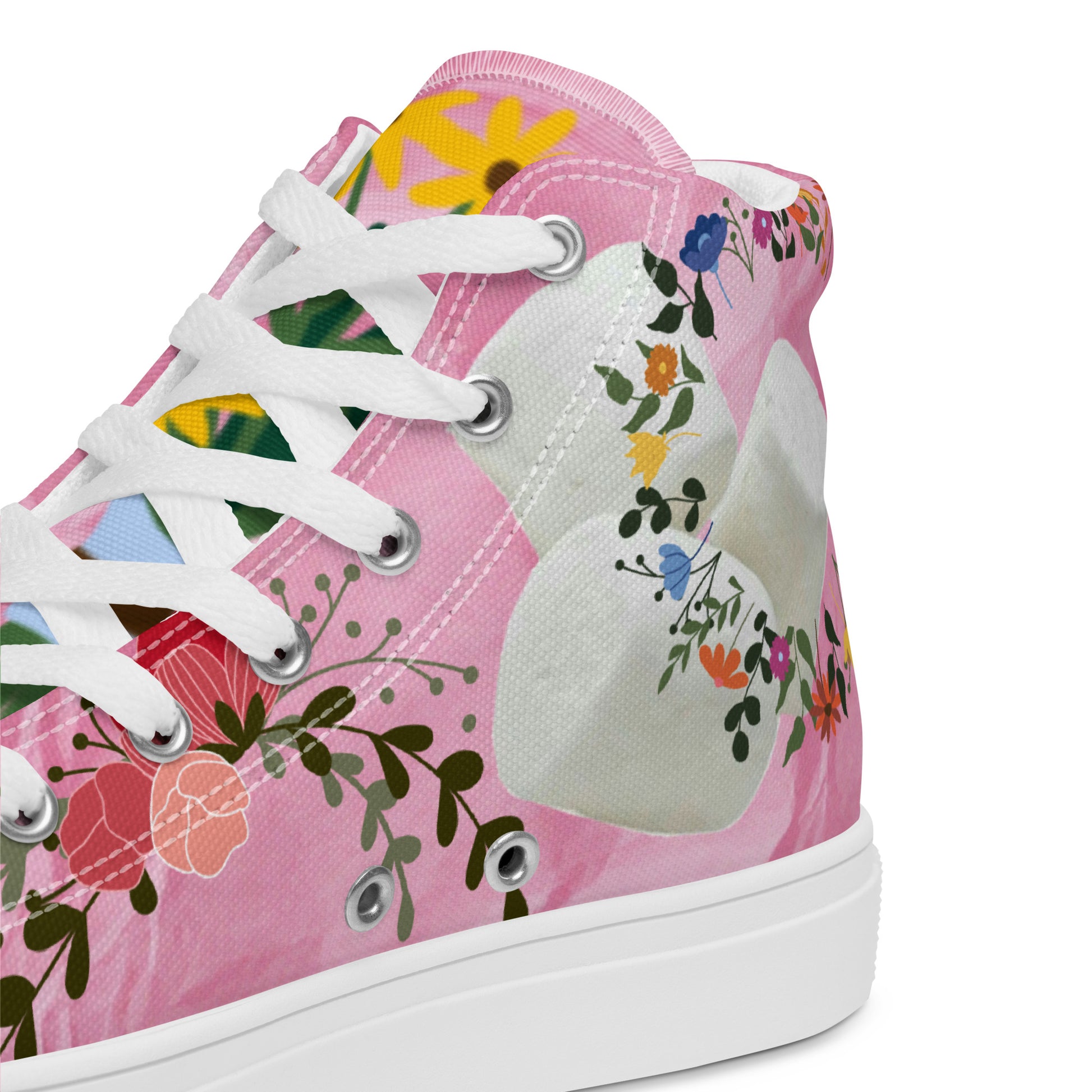 Women’s high-top canvas shoes in pink with marshmallow friends and joy experiment design, featuring white laces and soles.