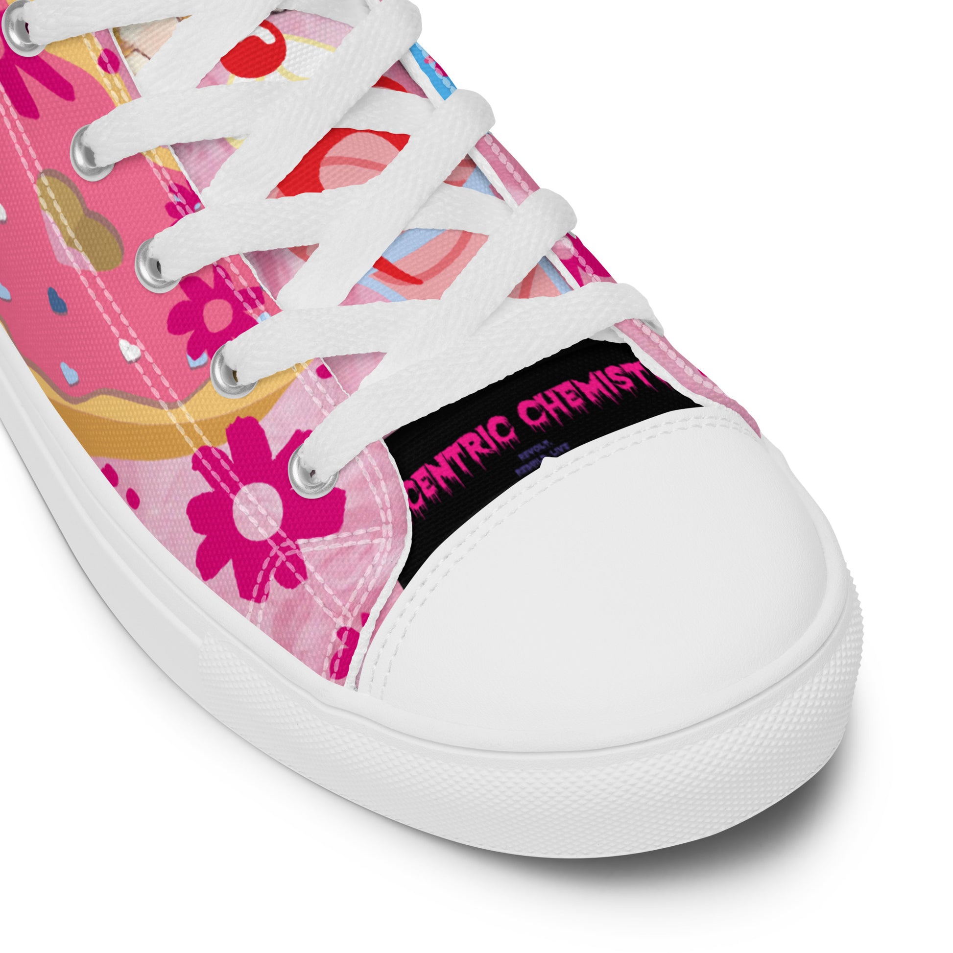 Women’s white high-top canvas shoes with Sweet Treat Kitty Fusion design, featuring colorful cartoon cat graphics and casual style.
