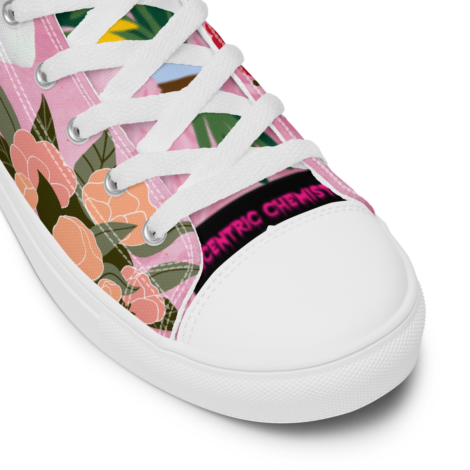 Women’s high-top canvas shoes in white with pink accents inspired by Marshmallow Friends and Joy Experiment designs.