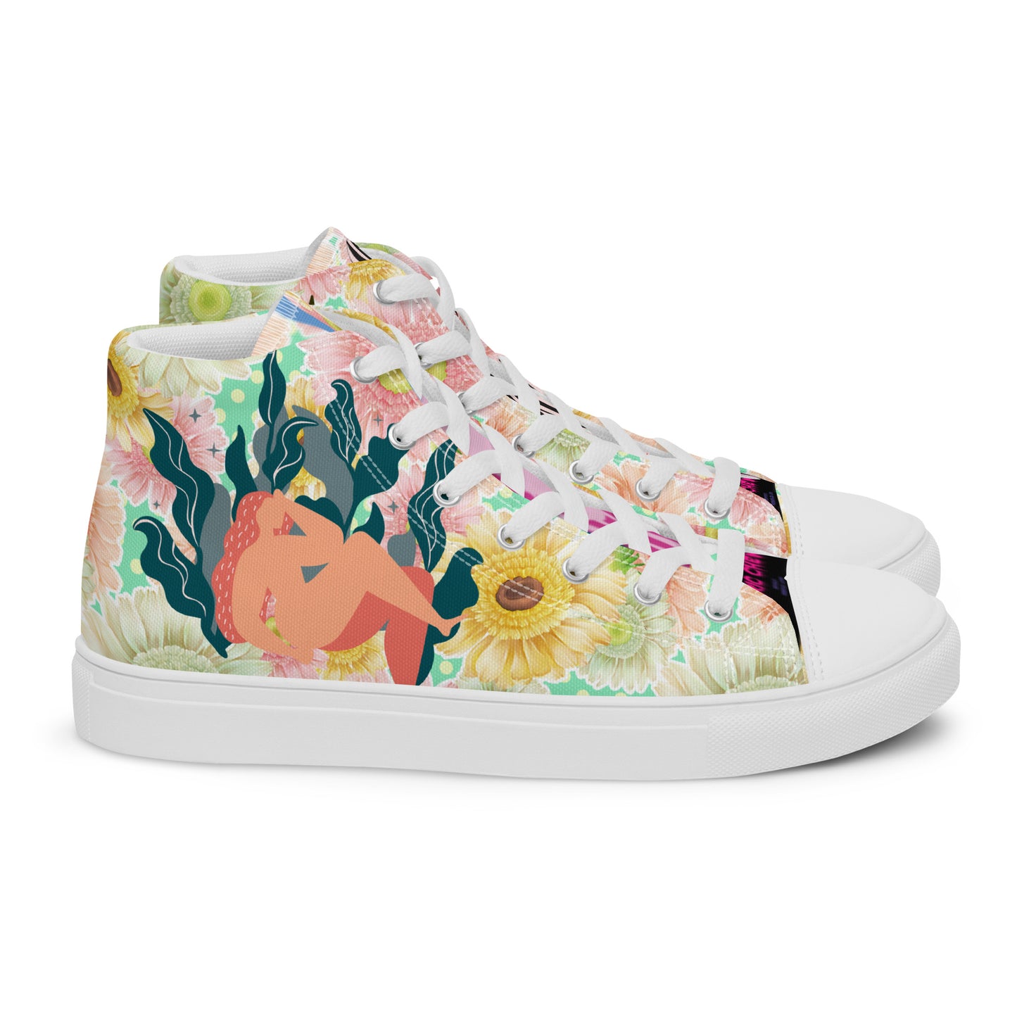 White high-top canvas shoes from Eccentric Chemistry's Botanical Goddess Reactor HT‑4.0 collection, showing the right shoe.