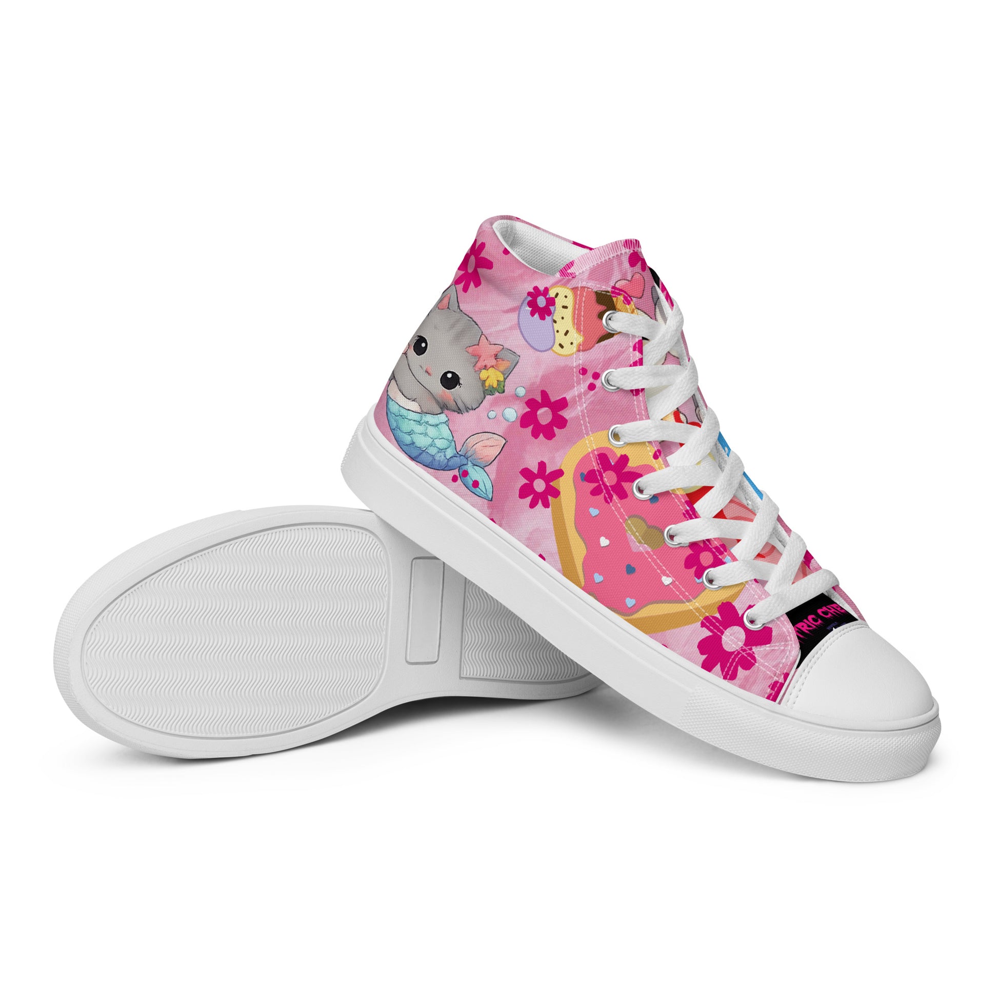 White women's high-top canvas shoes featuring colorful Sweet Treat Kitty Fusion design by Eccentric Chemistry.