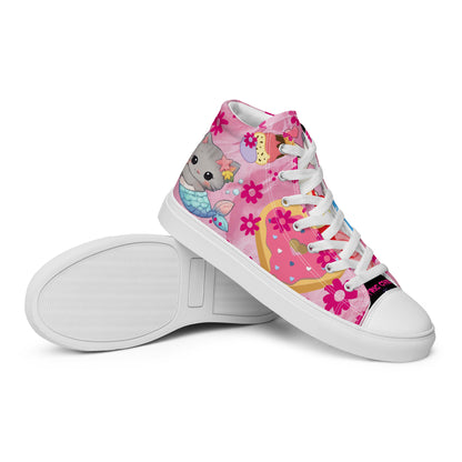 White women's high-top canvas shoes featuring colorful Sweet Treat Kitty Fusion design by Eccentric Chemistry.