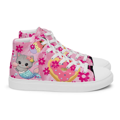 White women's high-top canvas shoes featuring a sweet treat kitty design from Eccentric Chemistry's Tiny Shop of T-Shirt Horrors.