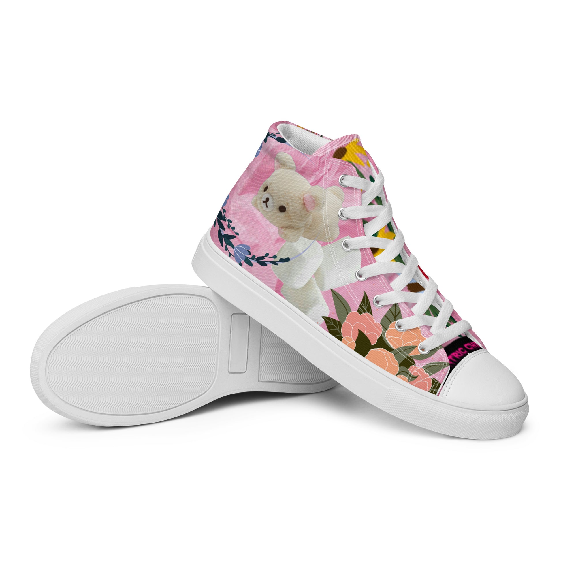 Pink women's high-top canvas shoes featuring Marshmallow Friends design from Eccentric Chemistry's Tiny Shop of T-Shirt Horrors.