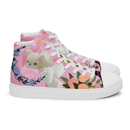 Women's high-top canvas shoes in white with pink accents from Eccentric Chemistry's Marshmallow Friends Joy Experiment collection.