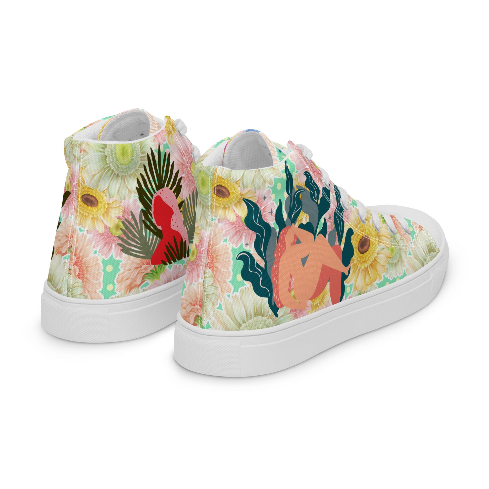 White high-top canvas shoes from Eccentric Chemistry's Botanical Goddess Reactor Unit HT‑4.0 collection, shown from the back right side.