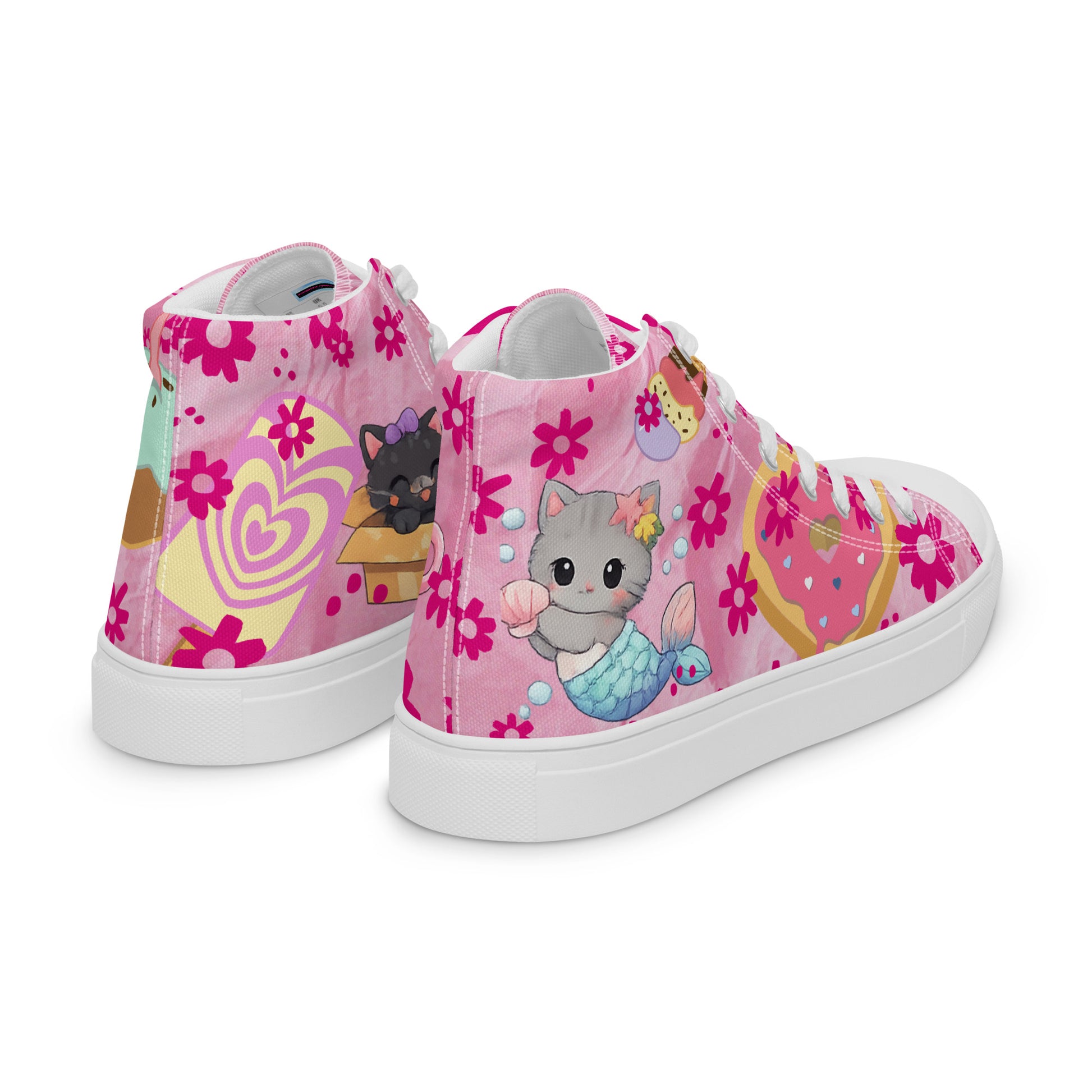 White women’s high-top canvas shoes featuring a Sweet Treat Kitty Fusion design, shown from the right back angle.