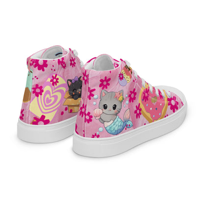 White women’s high-top canvas shoes featuring a Sweet Treat Kitty Fusion design, shown from the right back angle.