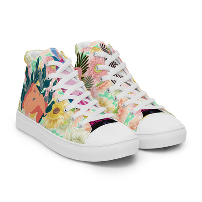 White women's high-top canvas shoes featuring botanical goddess design on the front, from Eccentric Chemistry's Bloom-Core collection.