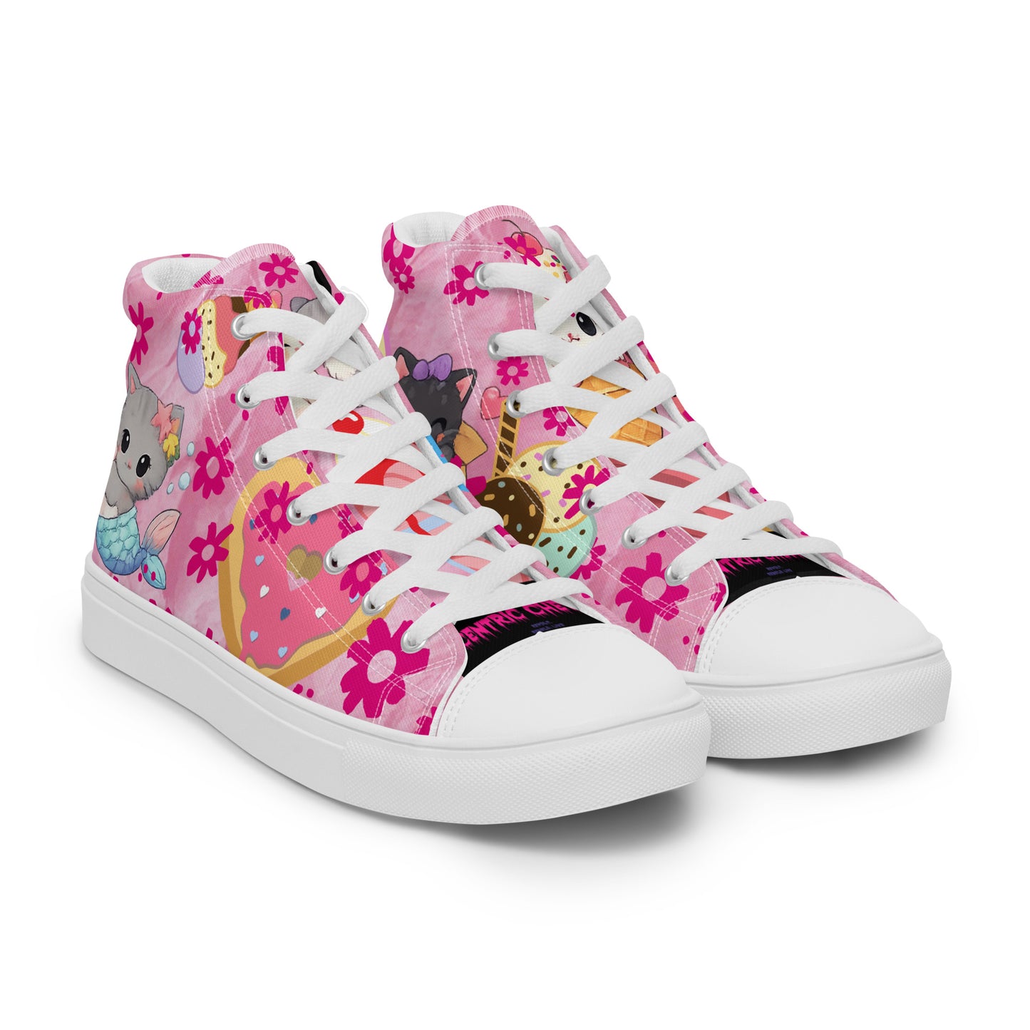White women's high-top canvas shoes featuring a Sweet Treat Kitty Fusion design, shown from the right front angle.