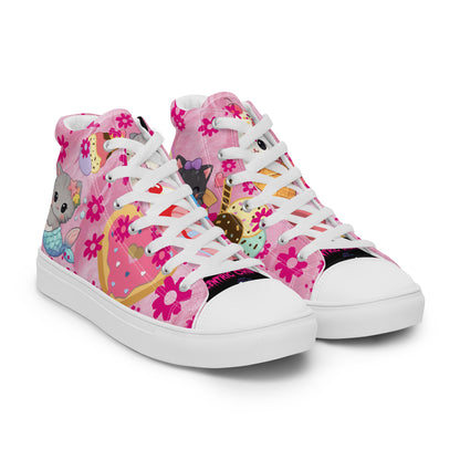 White women's high-top canvas shoes featuring a Sweet Treat Kitty Fusion design, shown from the right front angle.
