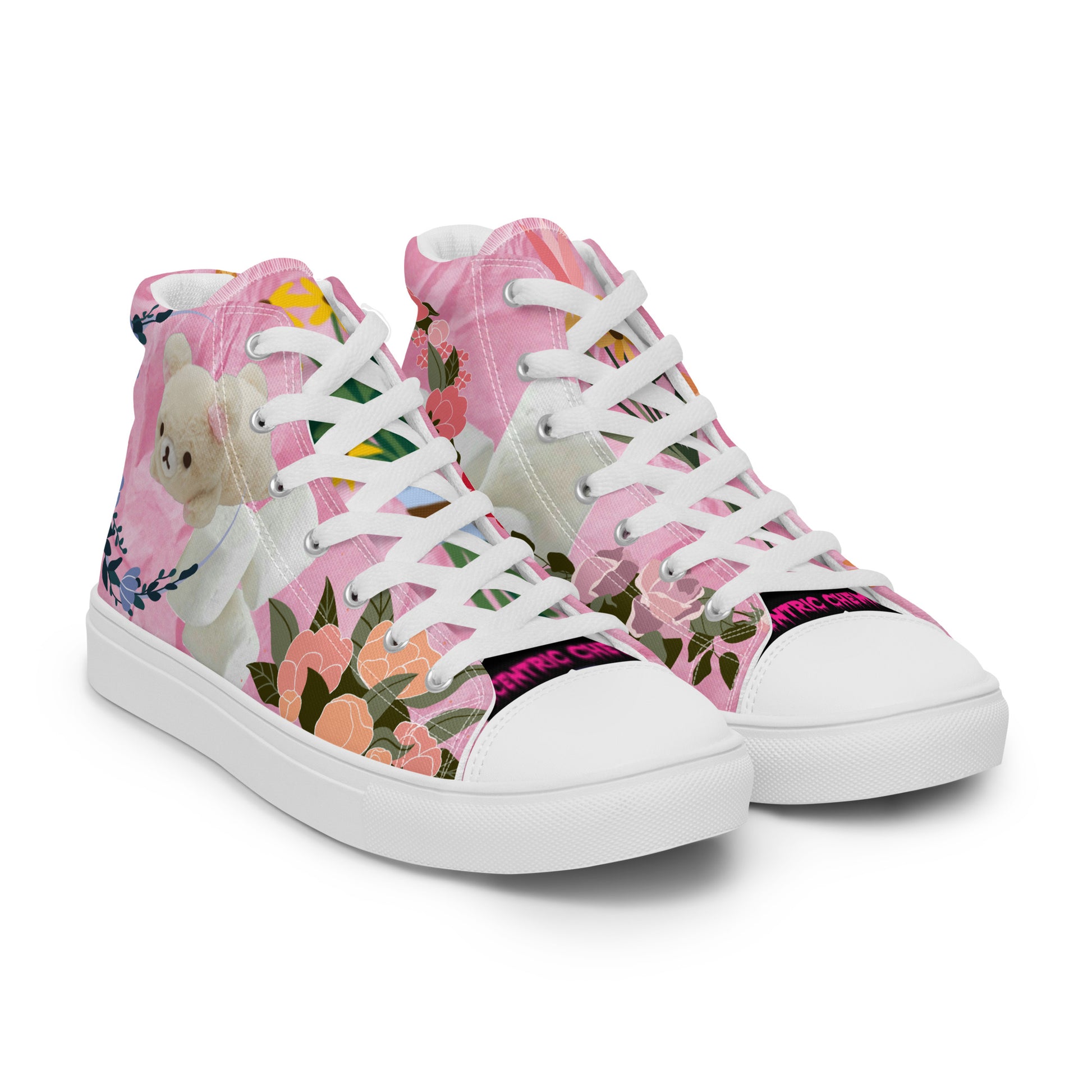 Women’s high-top canvas shoes in Marshmallow Friends Pink with cartoon-inspired design, shown from the right front view.