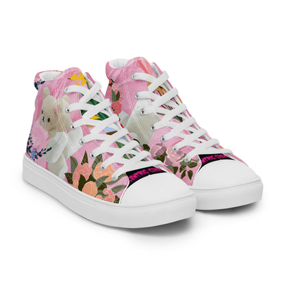 Women’s high-top canvas shoes in Marshmallow Friends Pink with cartoon-inspired design, shown from the right front view.