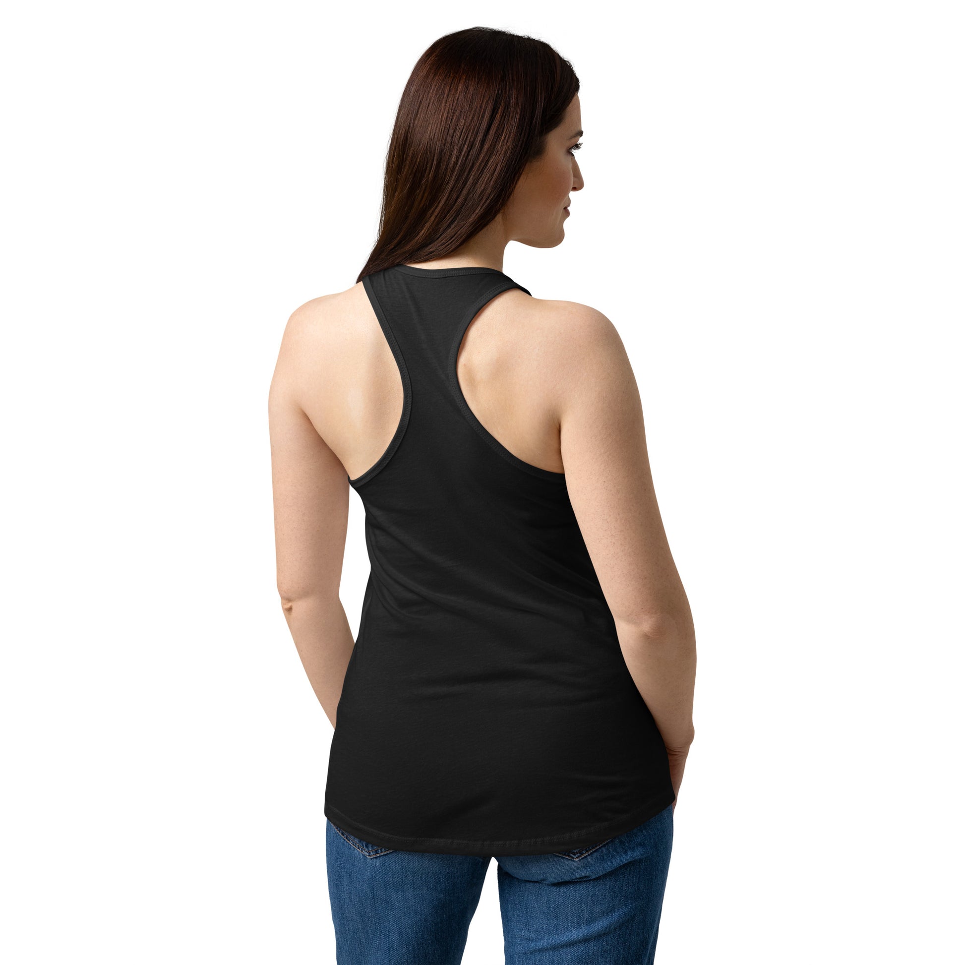 Black women's fitted racerback tank top featuring a playful gummy bear design from Eccentric Chemistry's T-shirt collection.