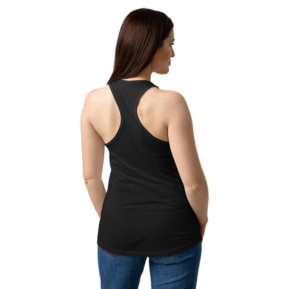Black women's fitted racerback tank top featuring a playful gummy bear design from Eccentric Chemistry's T-shirt collection.