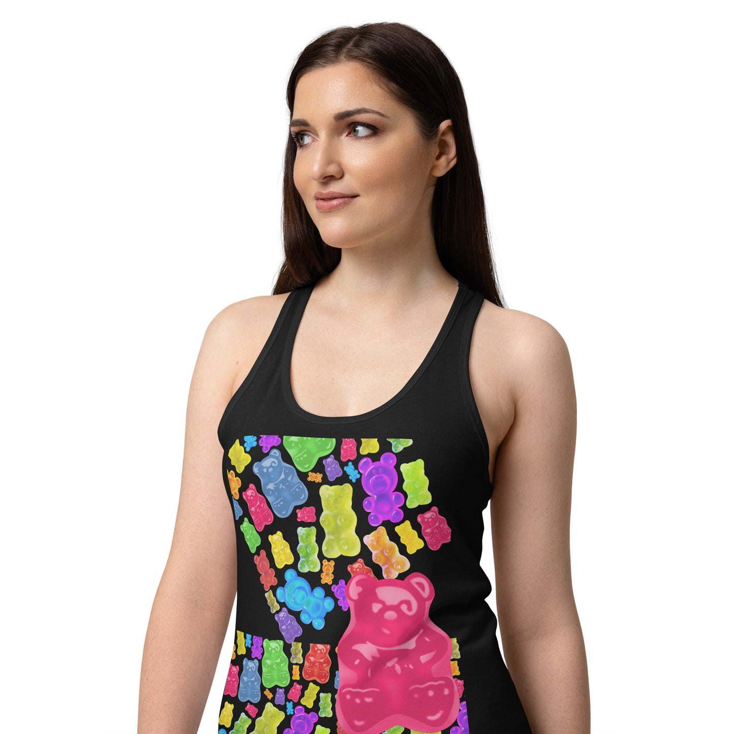 Black women's fitted racerback tank top featuring a gummy bear temptation experiment design by Eccentric Chemistry.