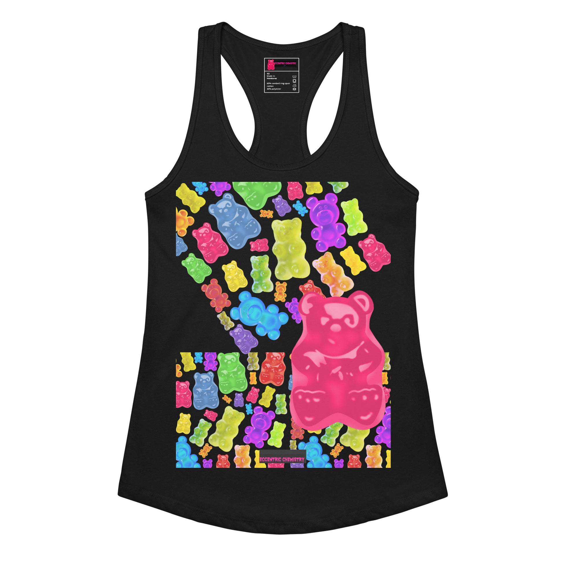 Black women's fitted racerback tank top featuring a gummy bear temptation design from Eccentric Chemistry's T-shirt collection.