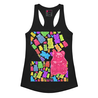 Black women's fitted racerback tank top featuring a gummy bear temptation design from Eccentric Chemistry's T-shirt collection.