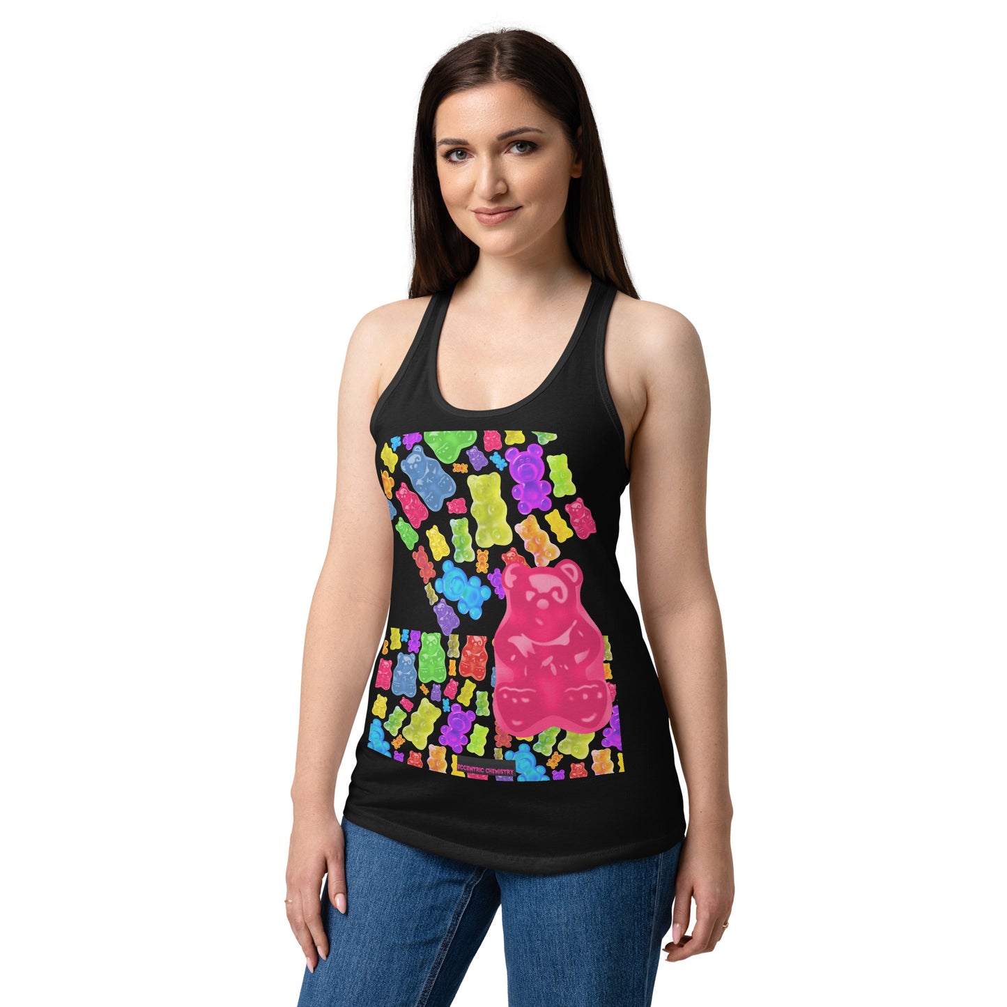 Women’s black fitted racerback tank top featuring a gummy bear temptation experiment design by Eccentric Chemistry Laboratory.