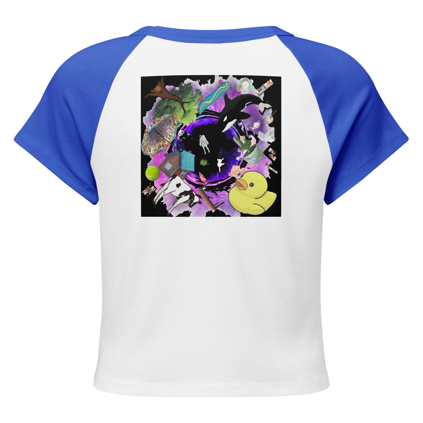Women’s Micro Rib Raglan Baby Tee in Quantum Blue with white and royal color blocking, featuring a relaxed fit and raglan sleeves.
