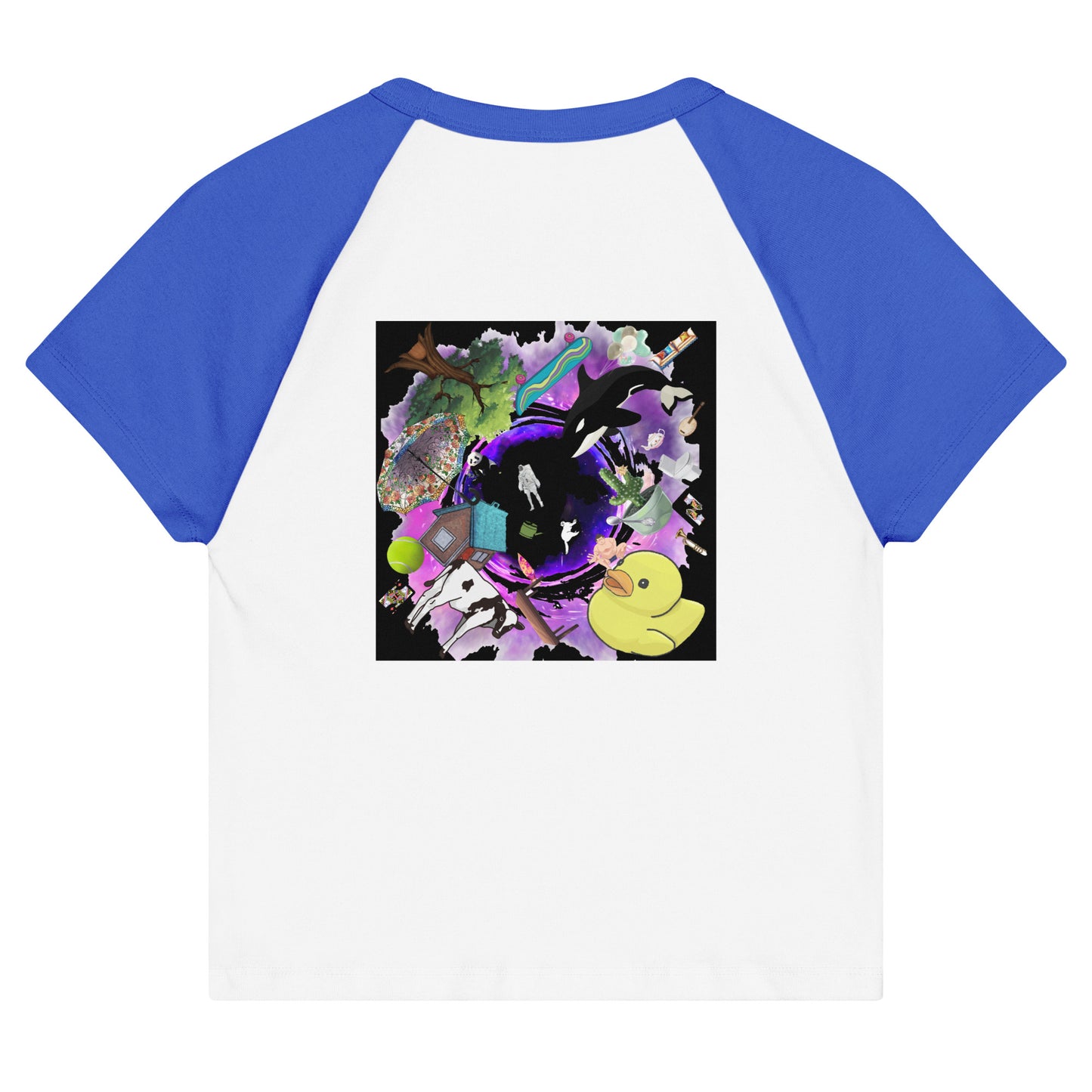 Women’s Micro Rib Raglan Baby Tee in Quantum Blue from Eccentric Chemistry featuring a casual T-shirt with contrasting sleeves and back design.