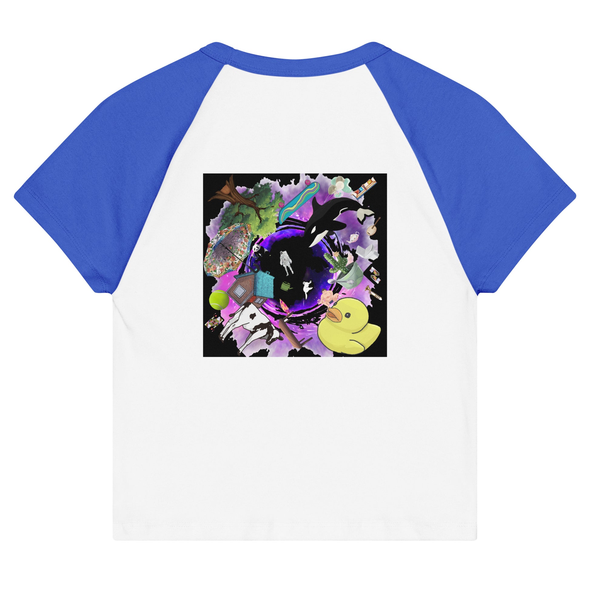 Women’s Micro Rib Raglan Baby Tee in Quantum Blue from Eccentric Chemistry featuring a casual T-shirt with contrasting sleeves and back design.