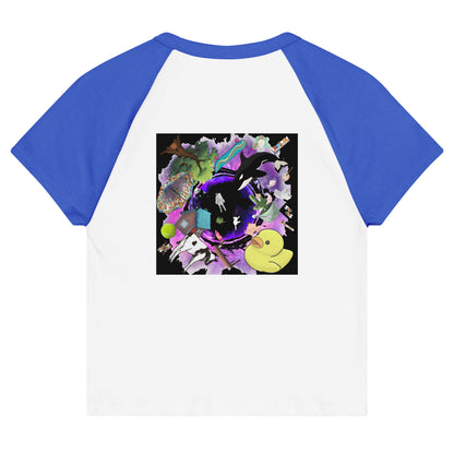 Women’s Micro Rib Raglan Baby Tee in Quantum Blue from Eccentric Chemistry featuring a casual T-shirt with contrasting sleeves and back design.