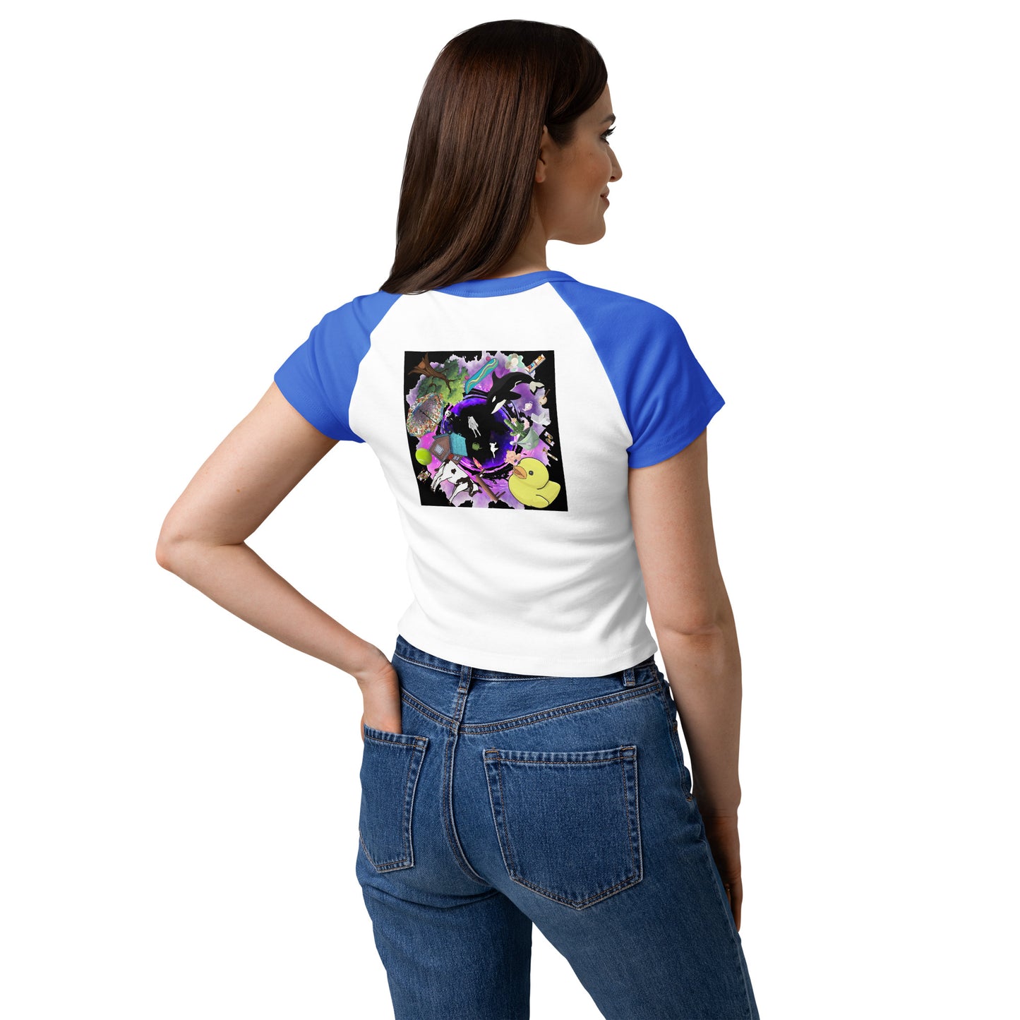 Women's Micro Rib Raglan Baby Tee in Quantum Blue with white and royal color blocking, featuring a relaxed fit and casual style.
