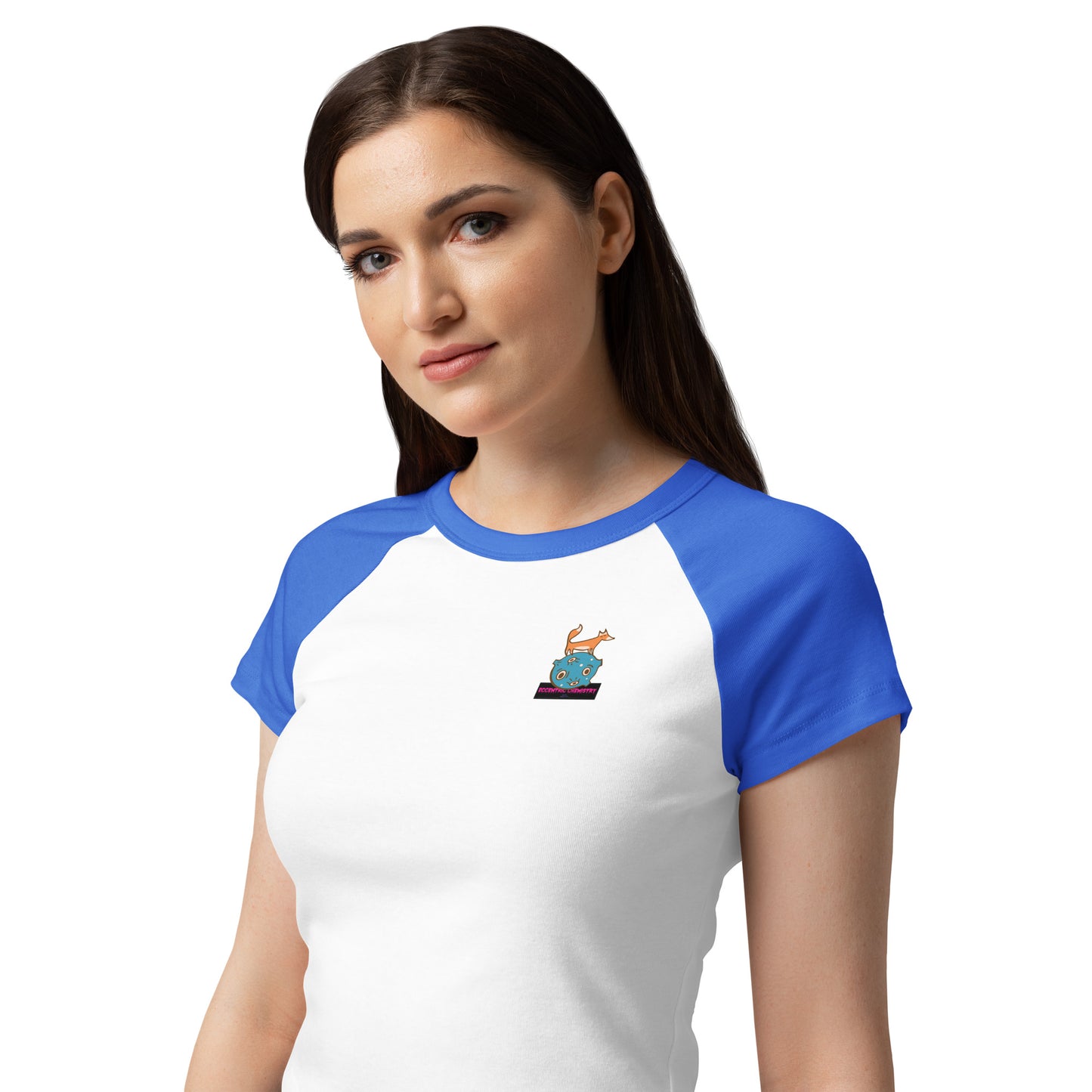 Women’s micro rib raglan baby tee in Quantum Blue with white accents, featuring a fitted T-shirt design from Eccentric Chemistry.