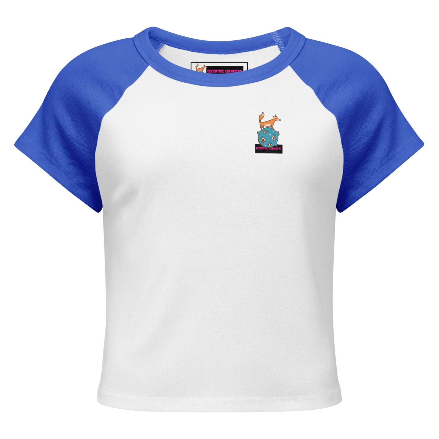 Women’s Micro Rib Raglan Baby Tee in Quantum Blue by Eccentric Chemistry, front view showcasing the fitted t-shirt with ribbed fabric.