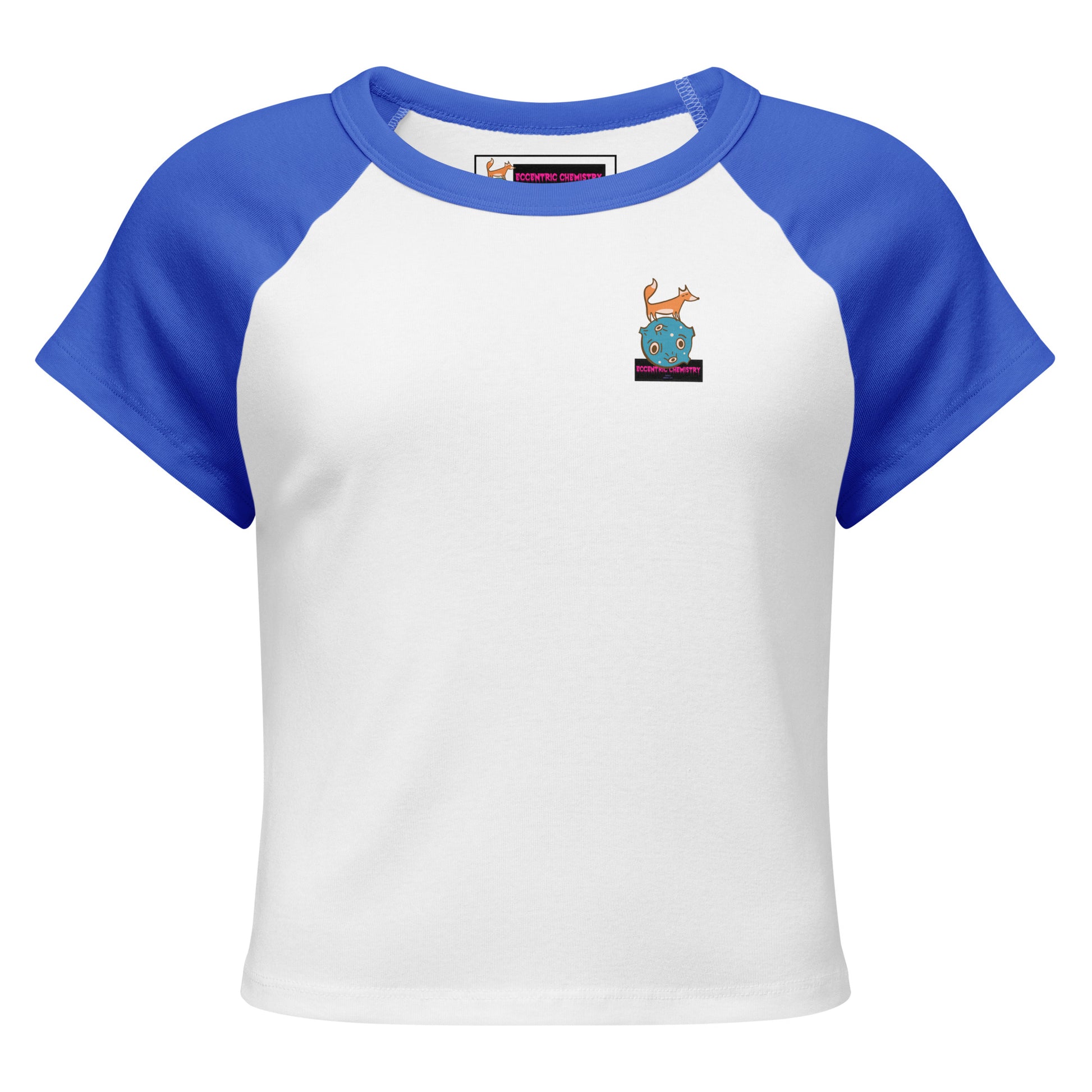 Women’s Micro Rib Raglan Baby Tee in Quantum Blue by Eccentric Chemistry, front view showcasing the fitted t-shirt with ribbed fabric.
