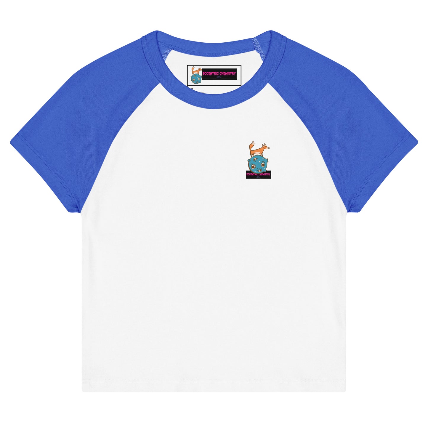 Women’s micro rib raglan baby tee in Quantum Blue with white sleeves, front view, casual T-shirt from Eccentric Chemistry’s Laboratory.