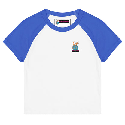 Women’s micro rib raglan baby tee in Quantum Blue with white sleeves, front view, casual T-shirt from Eccentric Chemistry’s Laboratory.