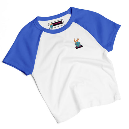 Women’s Micro Rib Raglan Baby Tee in Quantum Blue, front view, featuring a casual fit with striped ribbed sleeves and a stylish neckline.